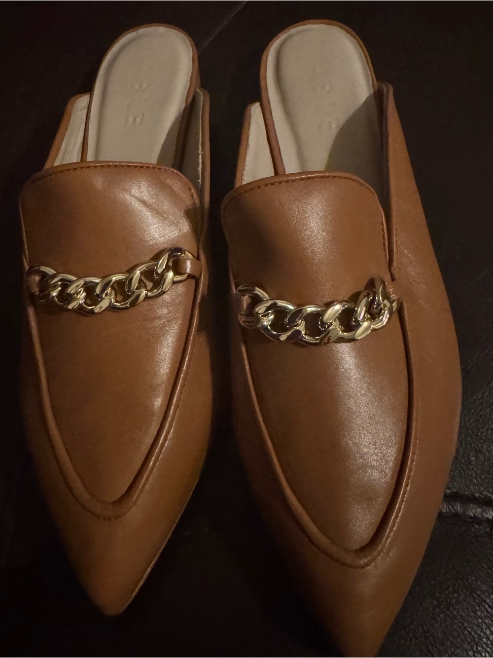 NWT Able Monica Mules, Brown Slide Mules with Gold Chain Detail, Size 7.5